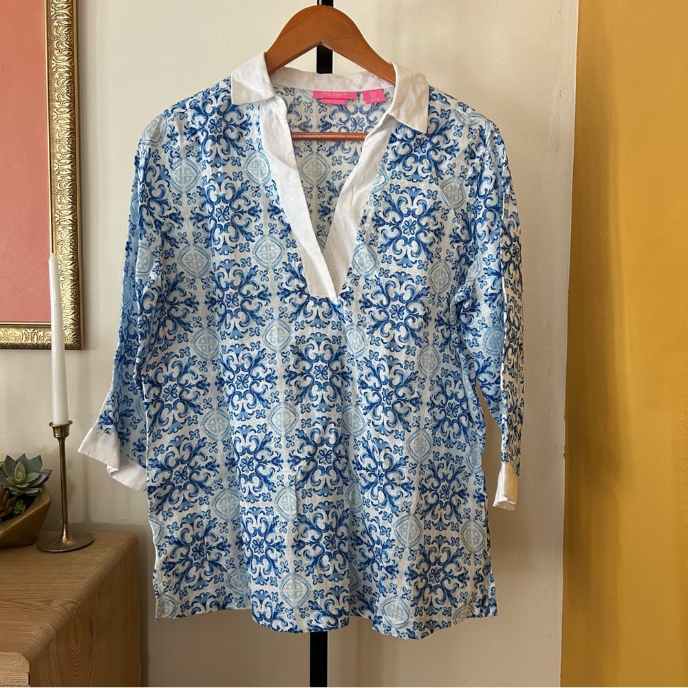 Isaac Mizrahi 100% Linen Medallion Print Tunic Top Blue White Coastal Size‎ S